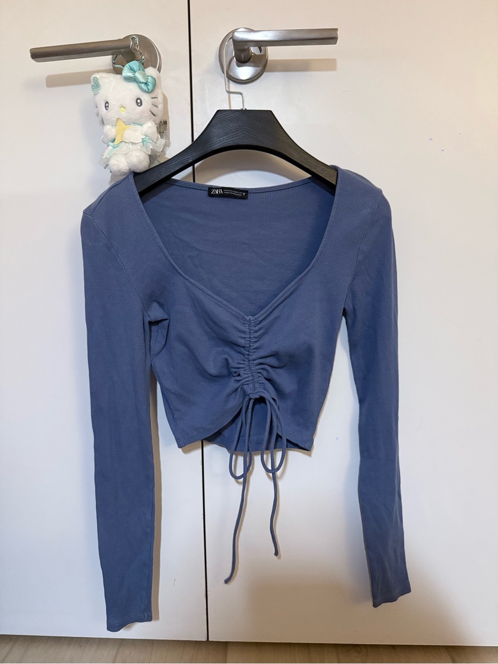 Zara Dusty Blue Long-Sleeve Ruched Tie Crop Top